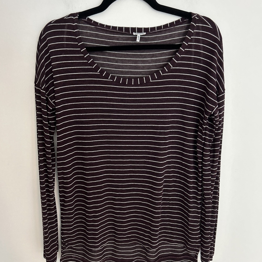 Splendid Women's S Long Sleeve Sheer‎ Burgundy Silver Stripe Lightweight Top